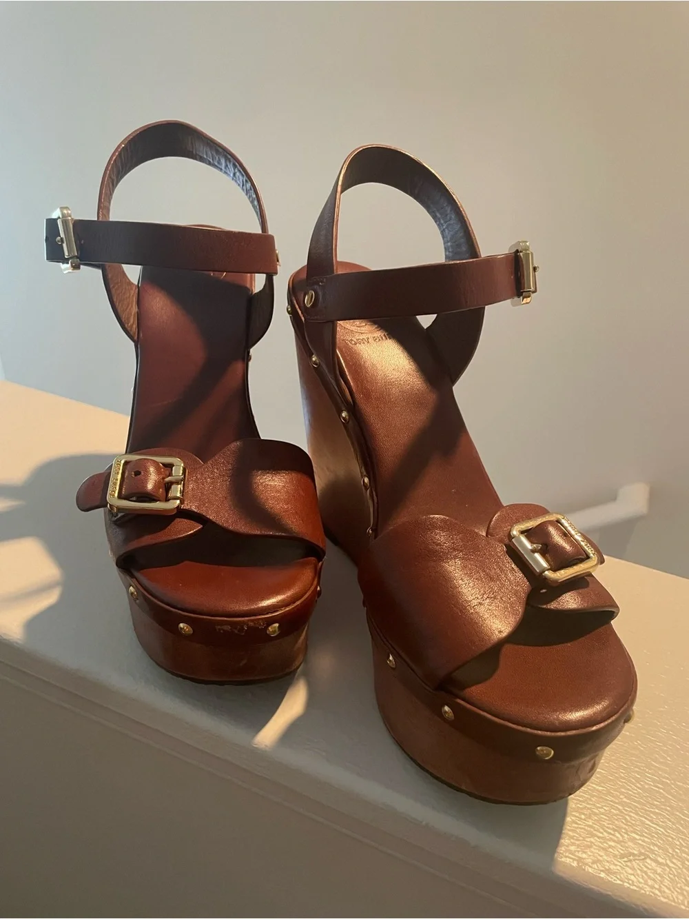 Tory Burch Brown Leather Wedge Sandals with Buckle